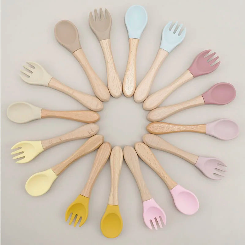 2PCS Silicone Spoon Fork For Baby Utensils Set Baby Feeding Spoon Cutlery Food Grade Material Wooden Handle Spoon Baby Items